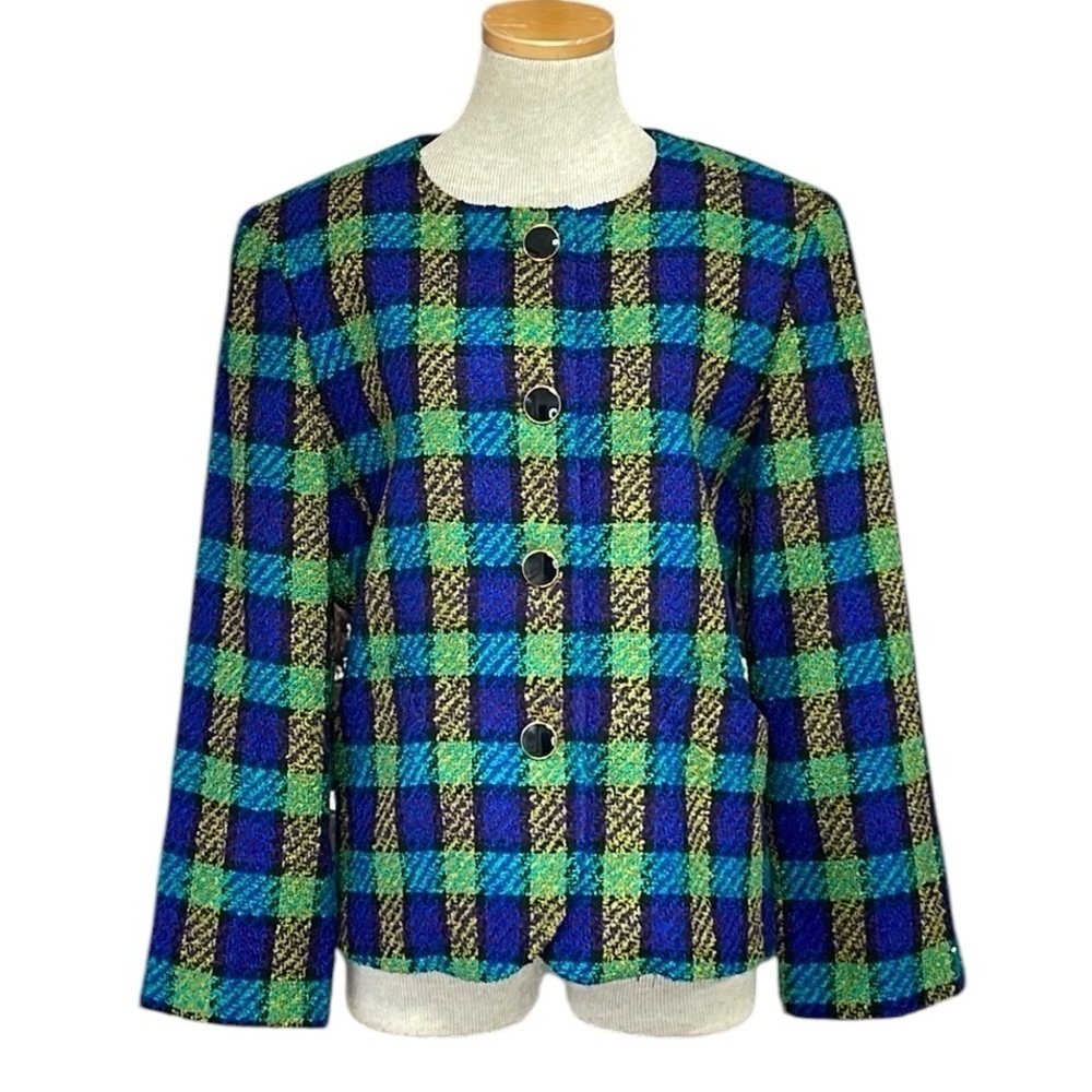LILLI ANN Blazer Vintage Tweed Plaid Blue Green Women's Jacket NWT Size 10